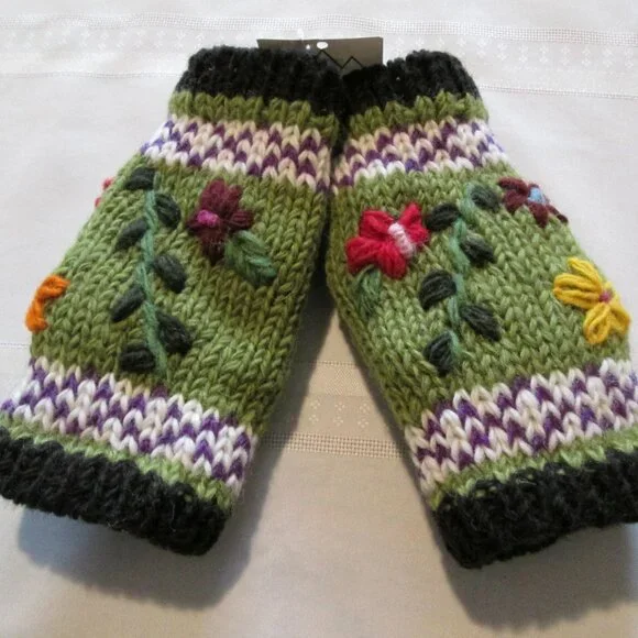 Handmade Embroidered Wool Fingerless Gloves – Made in Nepal - Picture 2 of 6